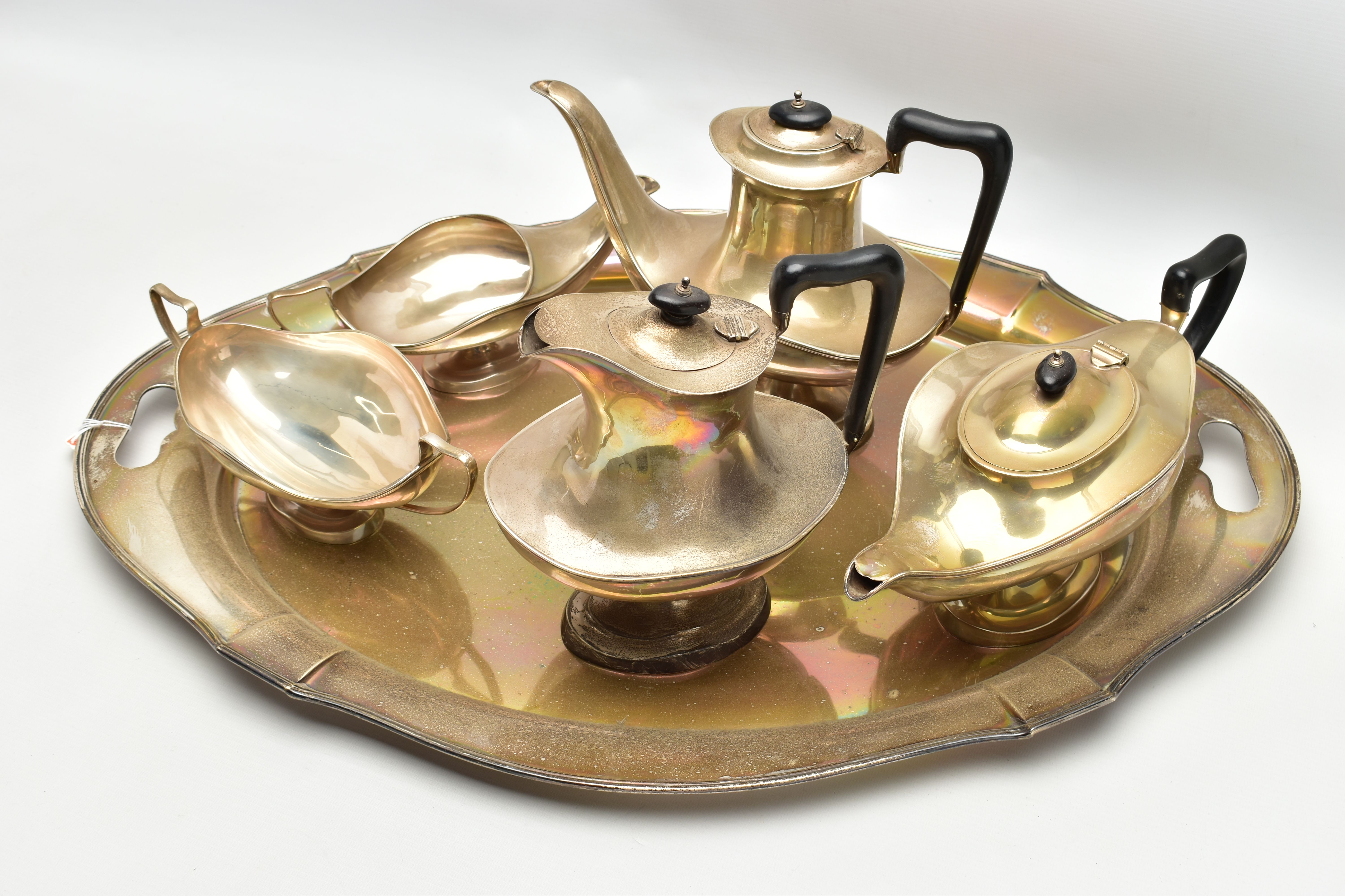 A GEORGE V SILVER FIVE PIECE TEA SET ON OVAL TWIN HANDLED TRAY, the set of oval / Aladdin's lamp - Image 8 of 8