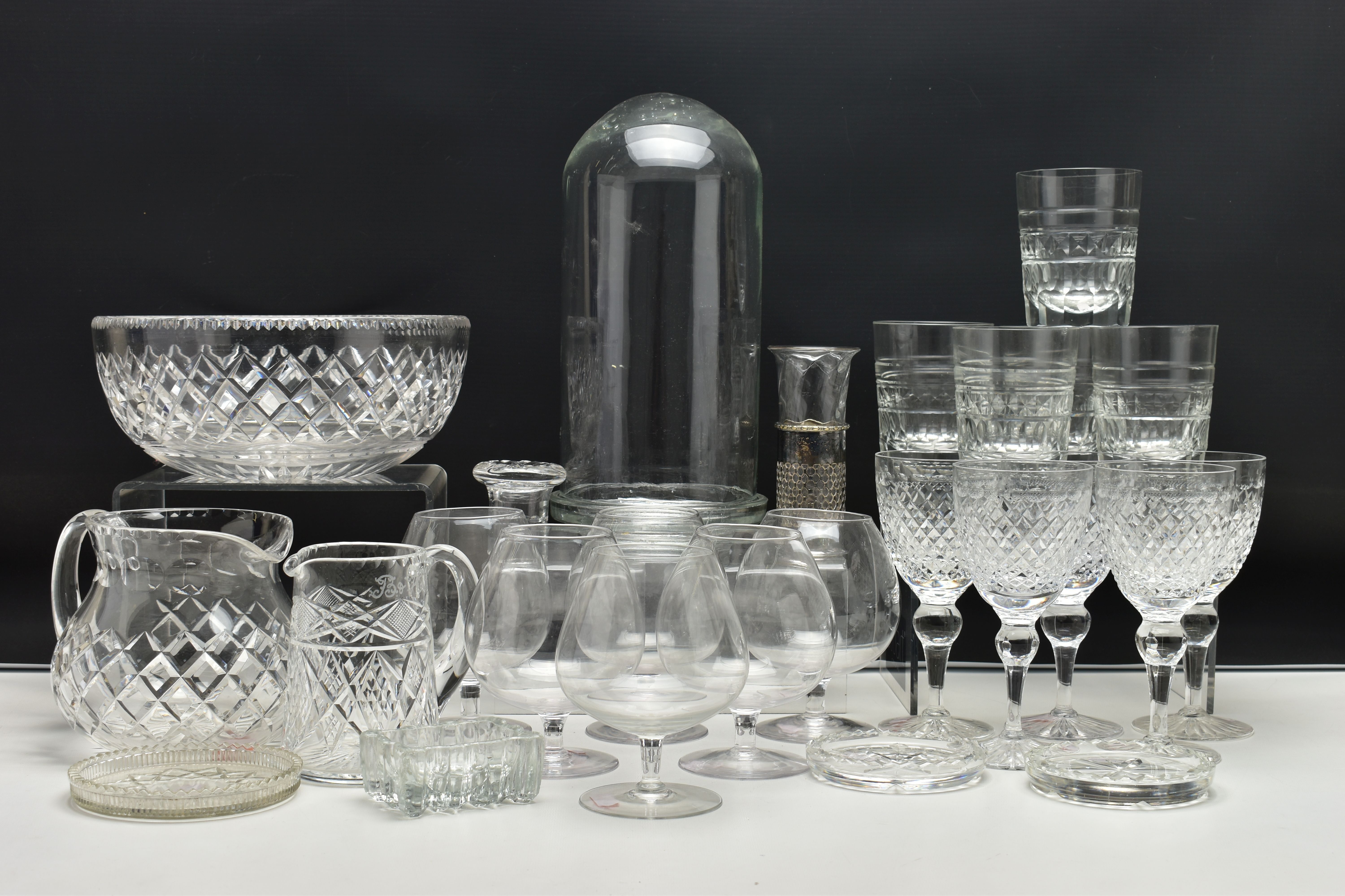 A GROUP OF CUT CRYSTAL AND GLASSWARE, comprising five cut crystal whisky glasses, five cut crystal