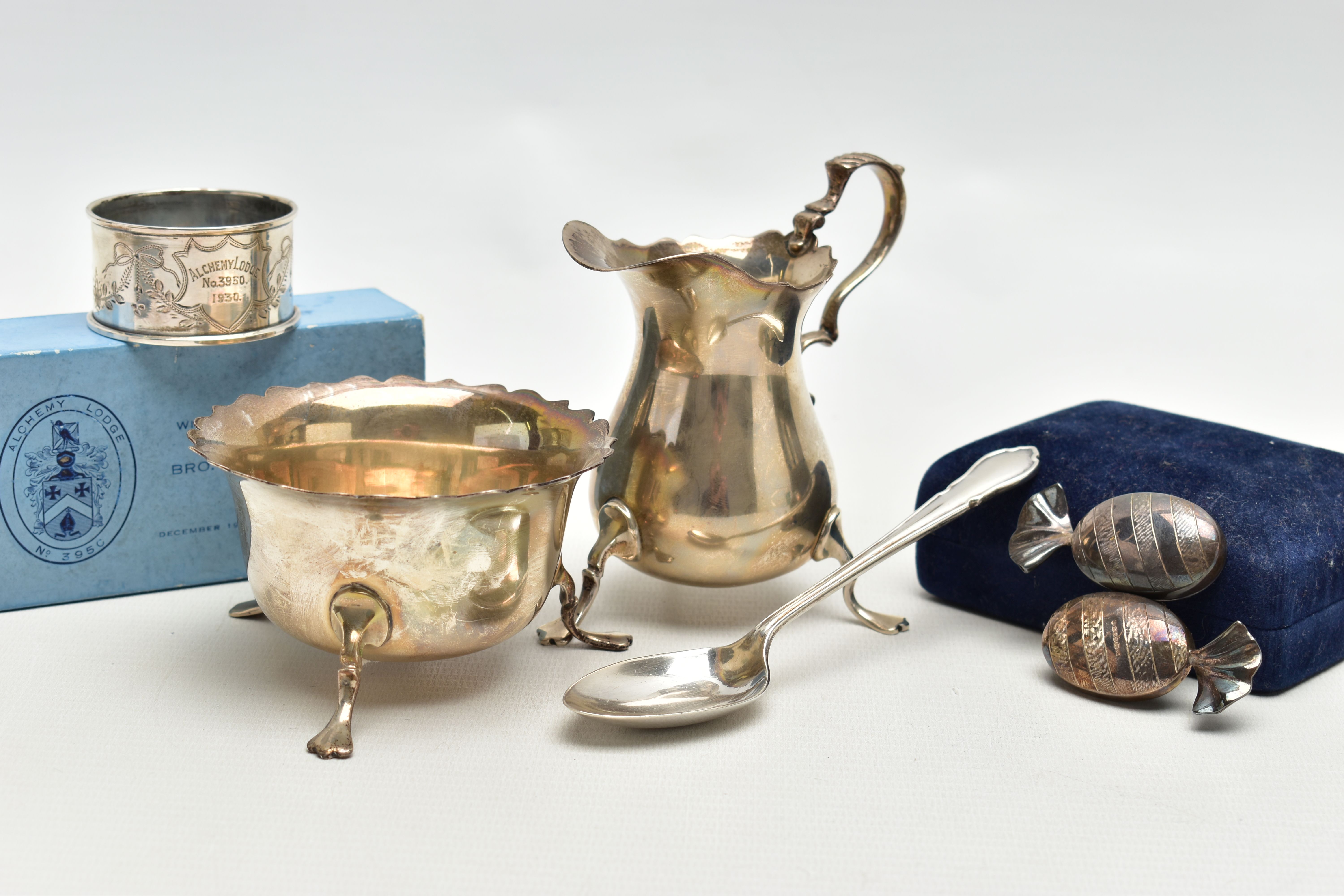 AN ELIZABETH II SILVER CREAM JUG AND SUGAR BOWL AND THREE OTHER ITEMS OF SILVER, the baluster shaped - Image 2 of 5