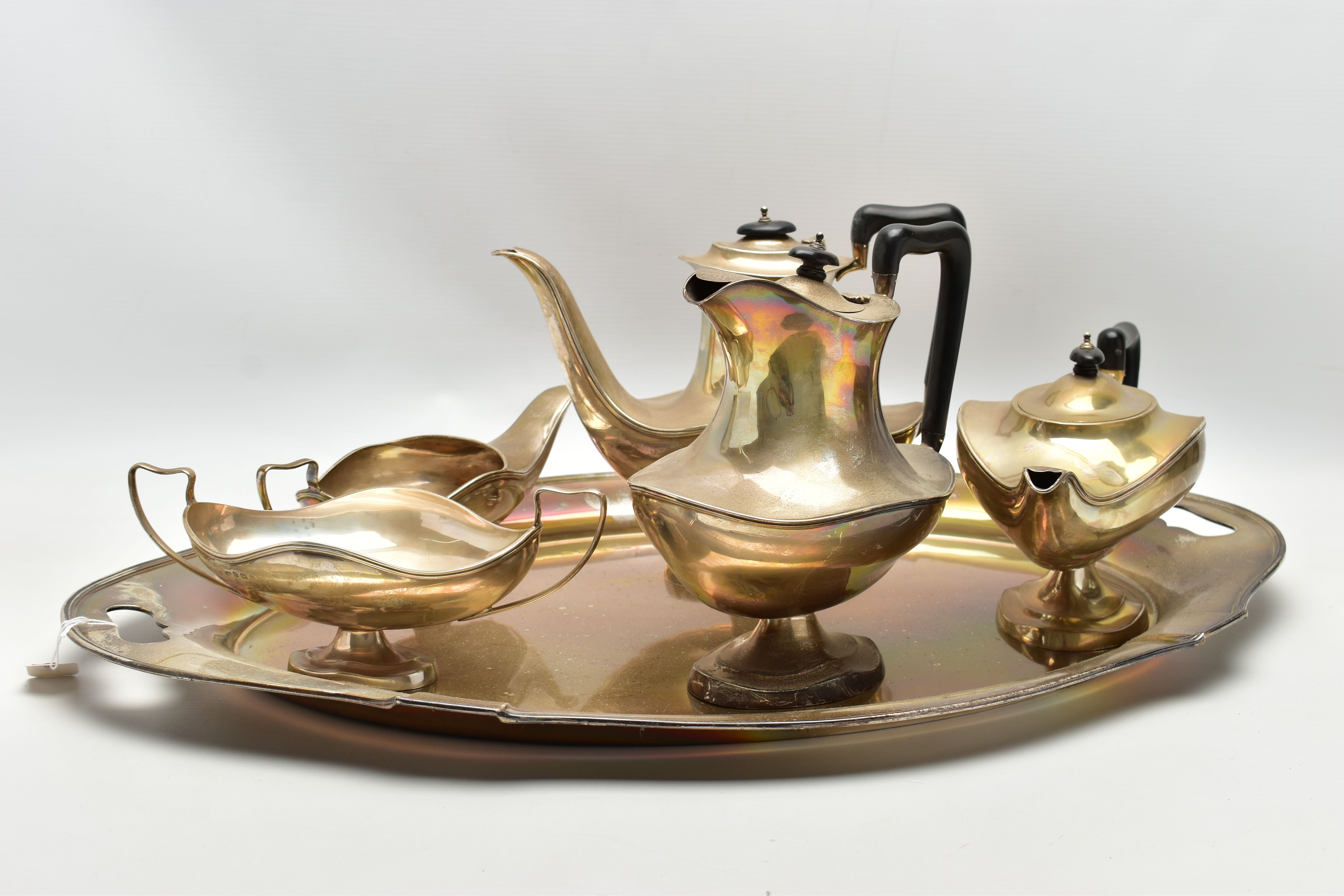 A GEORGE V SILVER FIVE PIECE TEA SET ON OVAL TWIN HANDLED TRAY, the set of oval / Aladdin's lamp - Image 6 of 8