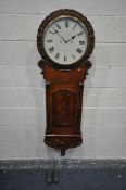 A VICTORIAN FLAME MAHOGANY EIGHT DAY DROP DIAL WALL CLOCK, the foliate border surrounding a glazed