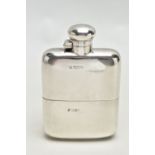 A GEORGE V SILVER HIP FLASK OF BOWED RECTANGULAR FORM, bayonet fitting hinged cover, the lower