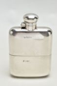 A GEORGE V SILVER HIP FLASK OF BOWED RECTANGULAR FORM, bayonet fitting hinged cover, the lower