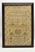 A GEORGE III NEEDLEWORK SAMPLER, the linen ground worked in cottons and silks, the geometric and
