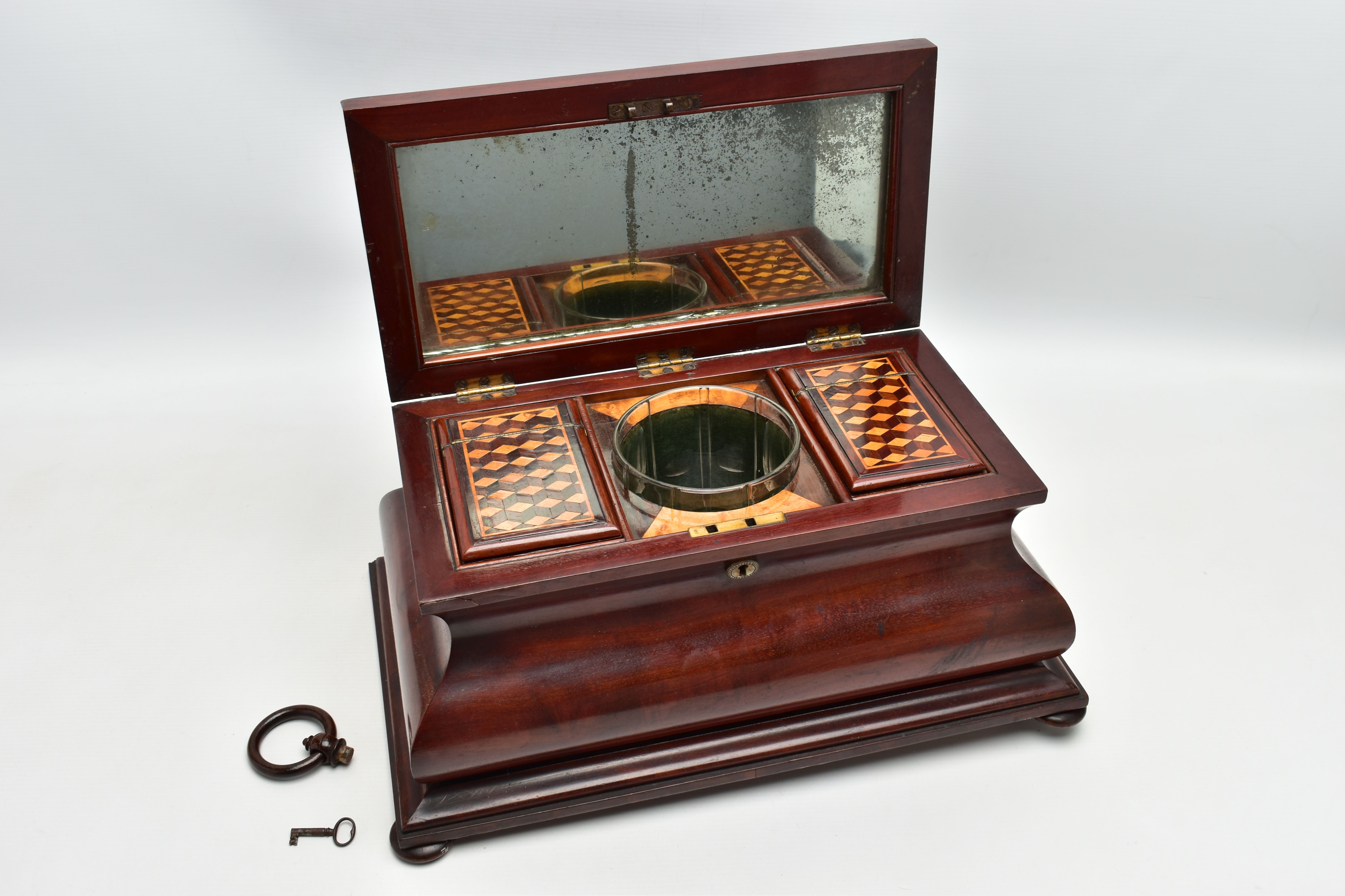 A VICTORIAN LARGE MAHOGANY AND INLAID BOMBE SHAPED TEA CADDY, the hinged cover with parquetry cube