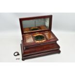 A VICTORIAN LARGE MAHOGANY AND INLAID BOMBE SHAPED TEA CADDY, the hinged cover with parquetry cube