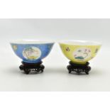 TWO CHINESE PORCELAIN SGRAFFITO FOOTED BOWLS, one with a yellow ground, the other with a blue