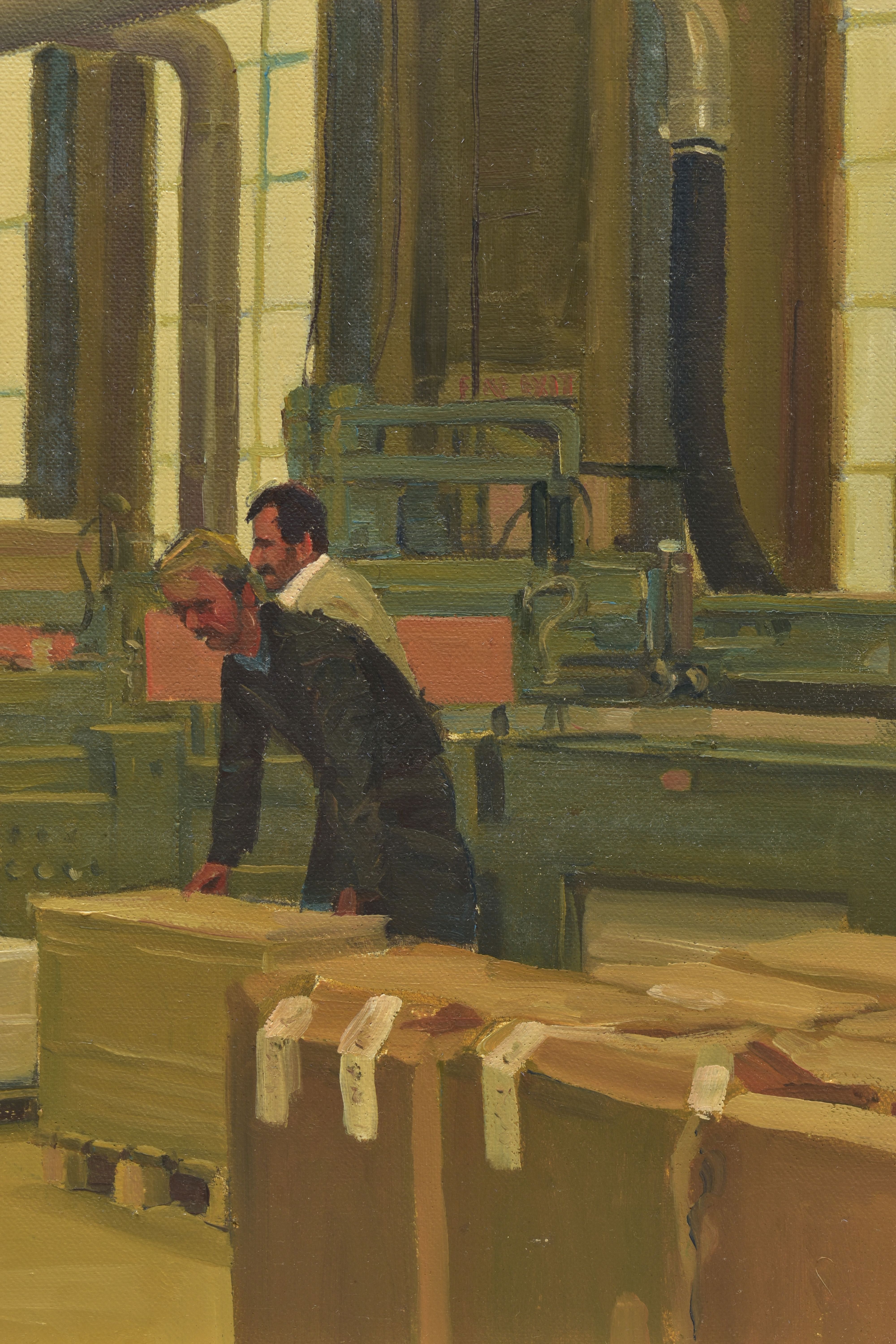 ROY TIDMARCH (BRITIAN 1944) AN INTERIOR VIEW OF A FACTORY WITH FIGURES WORKING, signed and dated - Image 4 of 7