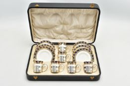 A 'WALKER & HALL' CASED SET OF SIX AYNSLEY COFFEE CANS IN HALLMARKED SILVER SLEEVES AND SIX SAUCERS,