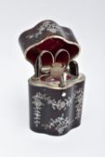 A LATE 19TH CENTURY PIQUE TORTOISESHELL ETUI, the fitted case with foliate silver pique