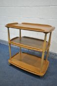 LUCIAN ERCOLANI FOR ERCOL, A MODEL 458 ELM AND BEECH THREE TIER TEA TROLLEY, width 72cm x depth 46cm