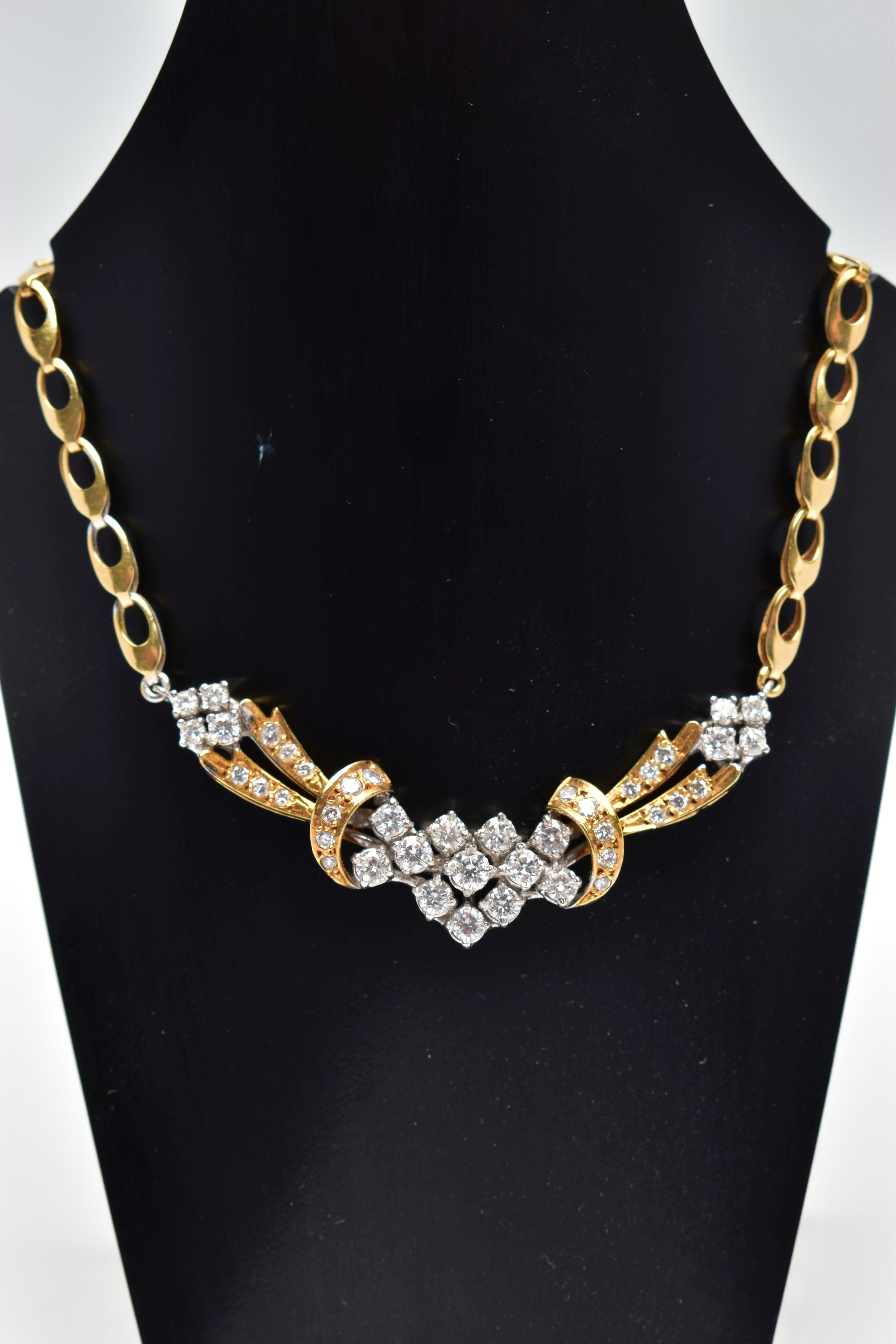 A YELLOW AND WHITE METAL DIAMOND NECKLACE, the front designed as an openwork panel set throughout - Image 6 of 8