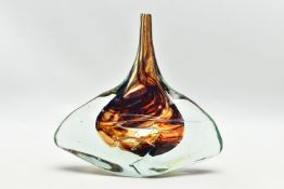 A MDINA GLASS FISH / AXE VASE, clear over mottled and brown streaks, engraved Mdina Glass 1976