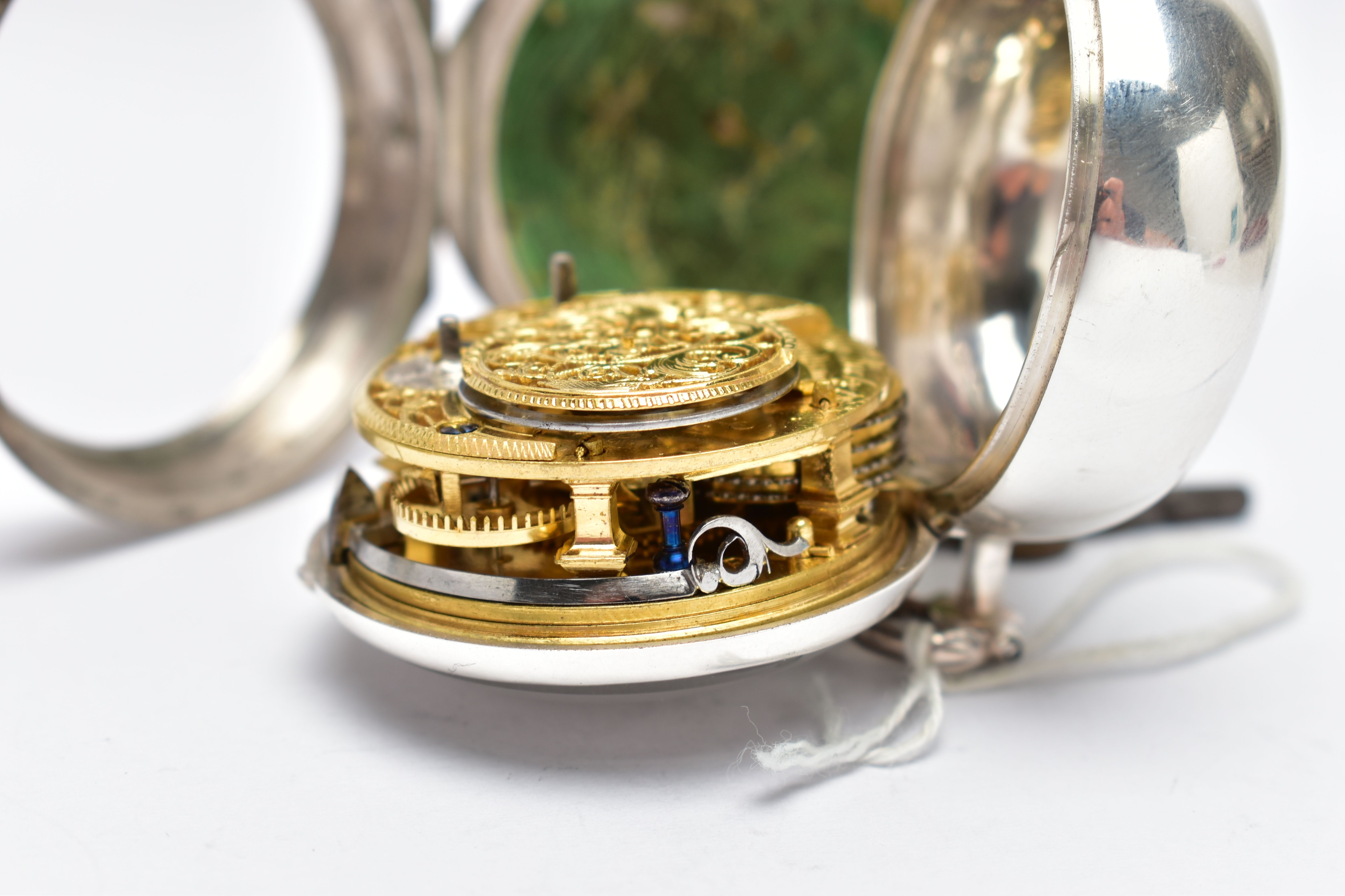 A GEORGE II SILVER PAIR CASED VERGE POCKET WATCH BY 'THOMAS BECKETT', key wound, round champleve - Image 7 of 11