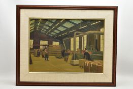 ROY TIDMARCH (BRITIAN 1944) AN INTERIOR VIEW OF A FACTORY WITH FIGURES WORKING, signed and dated