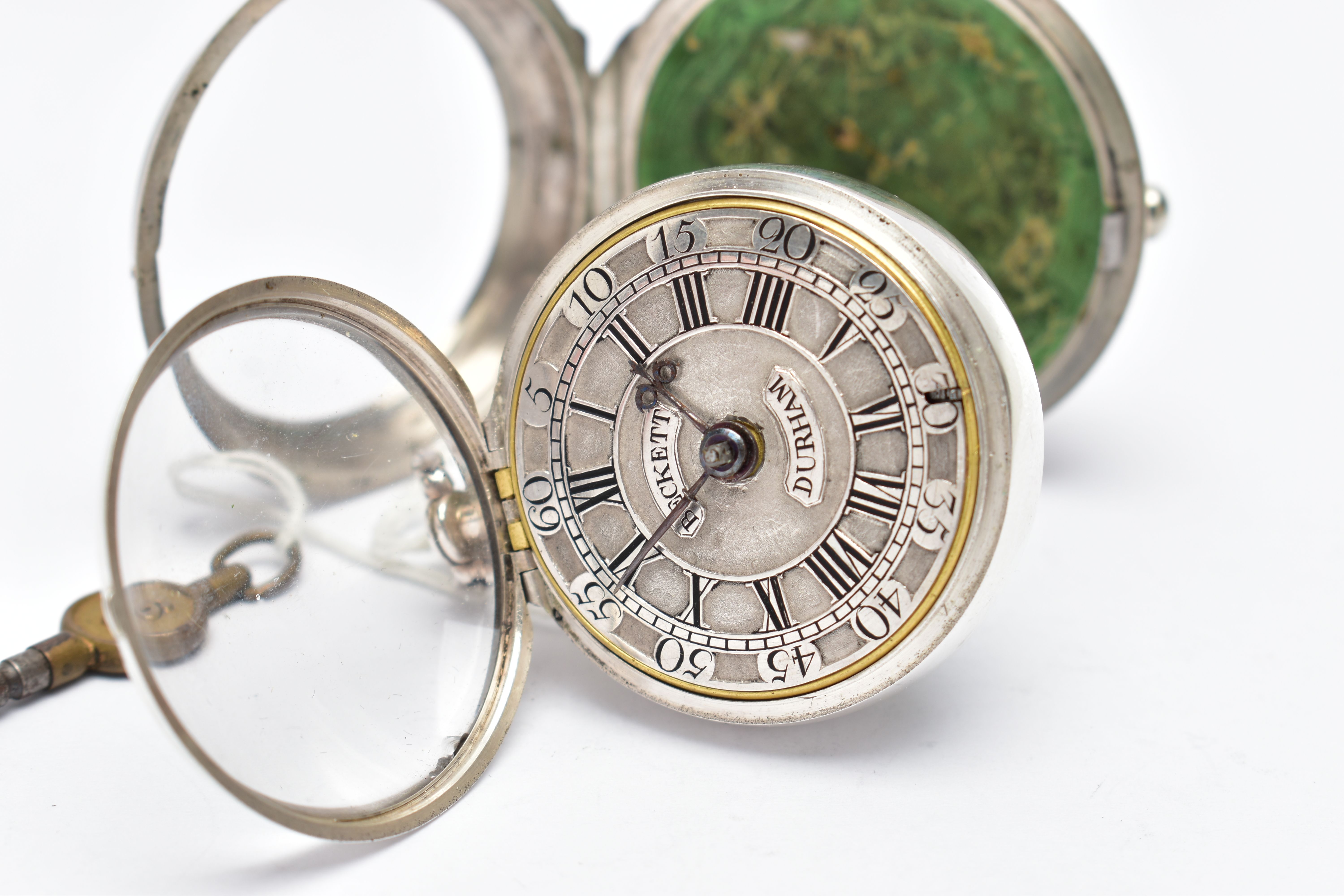 A GEORGE II SILVER PAIR CASED VERGE POCKET WATCH BY 'THOMAS BECKETT', key wound, round champleve - Image 6 of 11