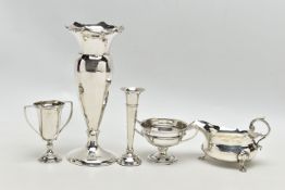 A SMALL PARCEL OF SILVER VASES, ETC, comprising a George V small circular twin handled trophy cup,