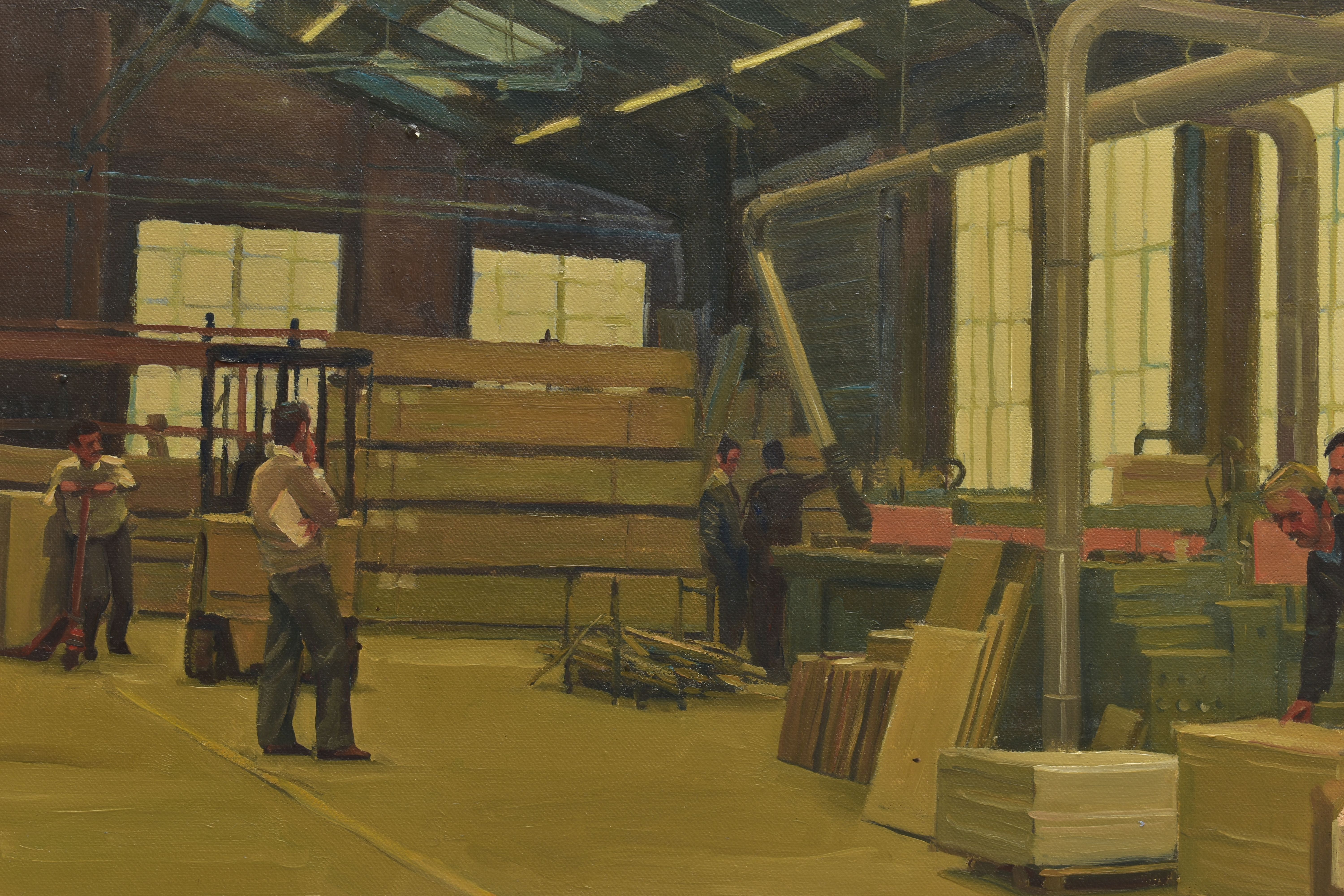 ROY TIDMARCH (BRITIAN 1944) AN INTERIOR VIEW OF A FACTORY WITH FIGURES WORKING, signed and dated - Image 3 of 7