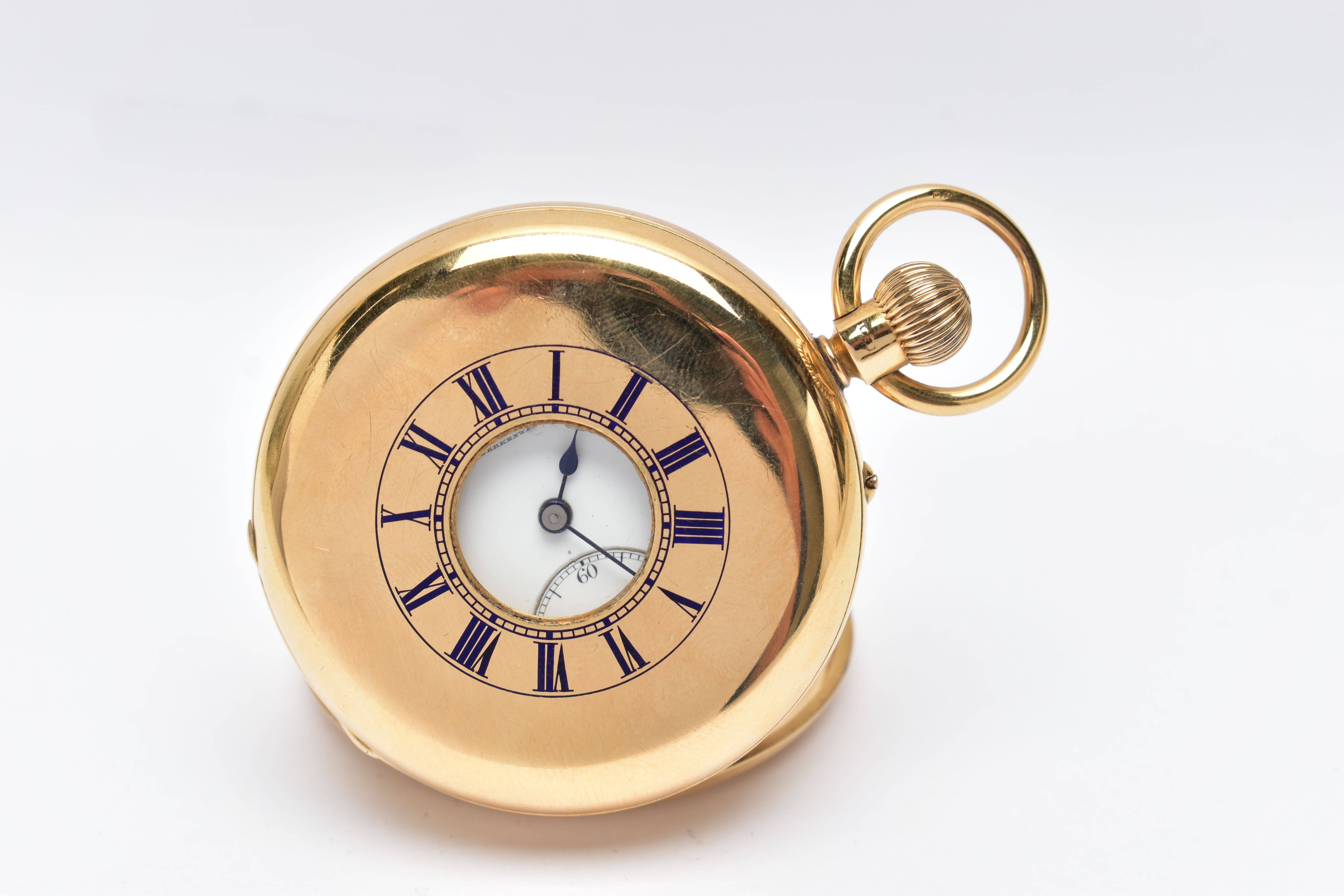 A LATE VICTORIAN 18CT GOLD HALF HUNTER KEYLESS WIND POCKET WATCH BY EDWARD F ASHLEY, blue enamel