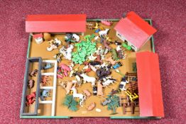 A SCRATCHBUILT WOODEN FARMYARD, with a quantity of Britains and other farm and zoo animals and
