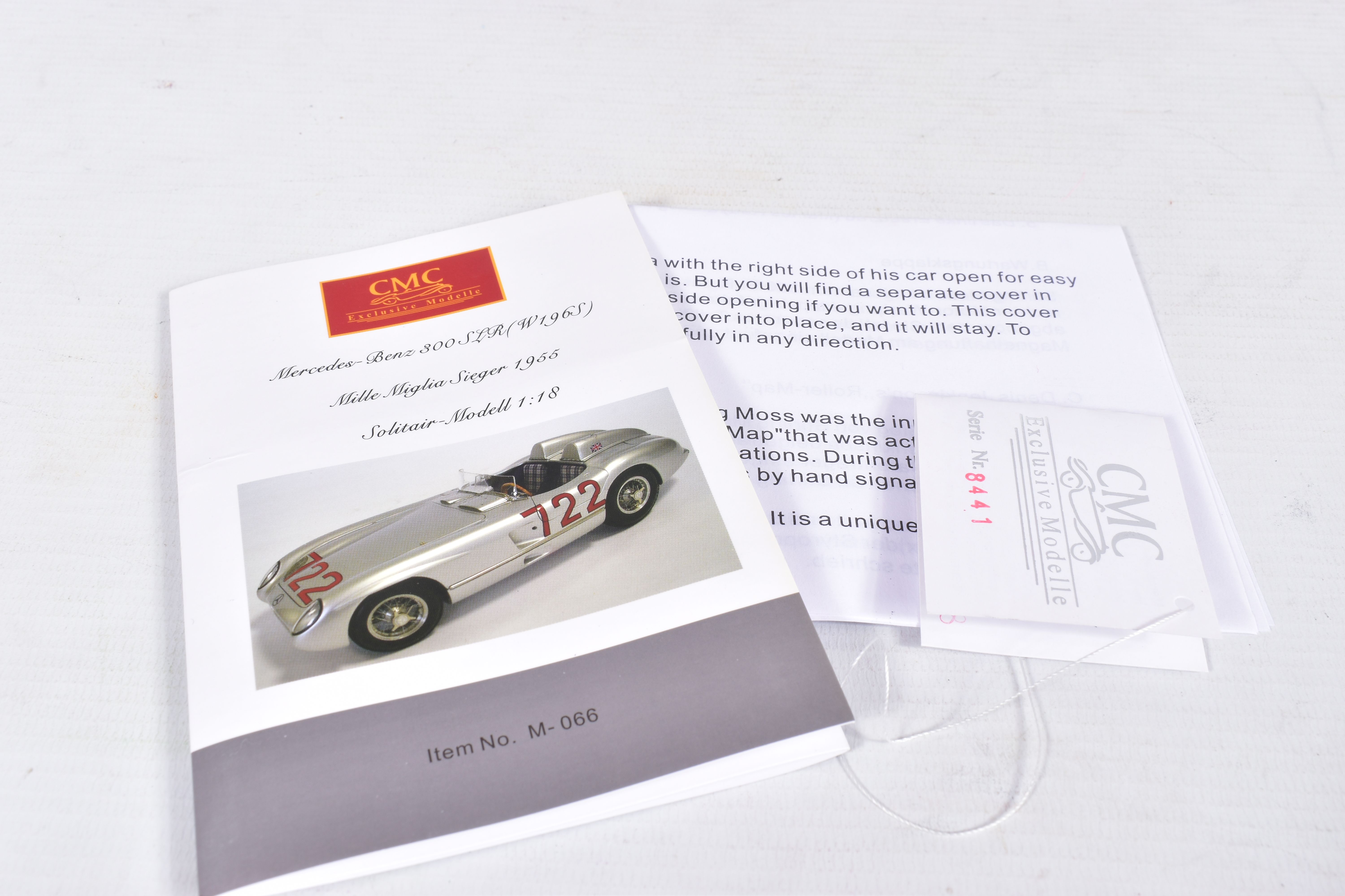 A BOXED CMC 1/18 SCALE MERCEDES-BENZ 300 SLR (W196S) MILLE MIGLIA WINNER 1955, No.M-066, complete - Image 8 of 8