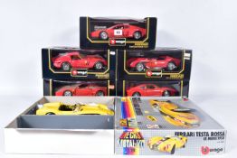 SIX BOXED BBURAGO FERRARI SPORTS CAR MODELS, all 1/18 scale, to include constructed 250 Testa