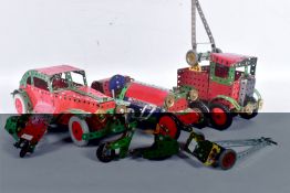 THREE VINTAGE MECANO MODEL VEHICLES, PLUS SMALLER BIKES AND OTHER MODELS, red green and silver in