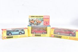 THREE BOXED CORGI TOYS MARCOS CAR MODELS, Whizzwheels Marcos Mantis, No.312, Golden Jacks wheels