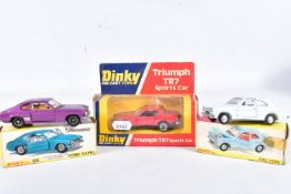 THREE BOXED DINKY TOYS CARS, Ford Capri No.165, metallic purple, Ford Escort, No.168, pale blue