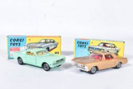 TWO BOXED CORGI TOYS AMERICAN CARS, Buick Riviera, No.245, metallic gold body, red interior,