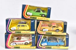 FIVE BOXED CORGI TOYS CAR MODELS, Jaguar XJ12C, No.286, Citroen Dyane, No.287, metallic yellow, Fiat