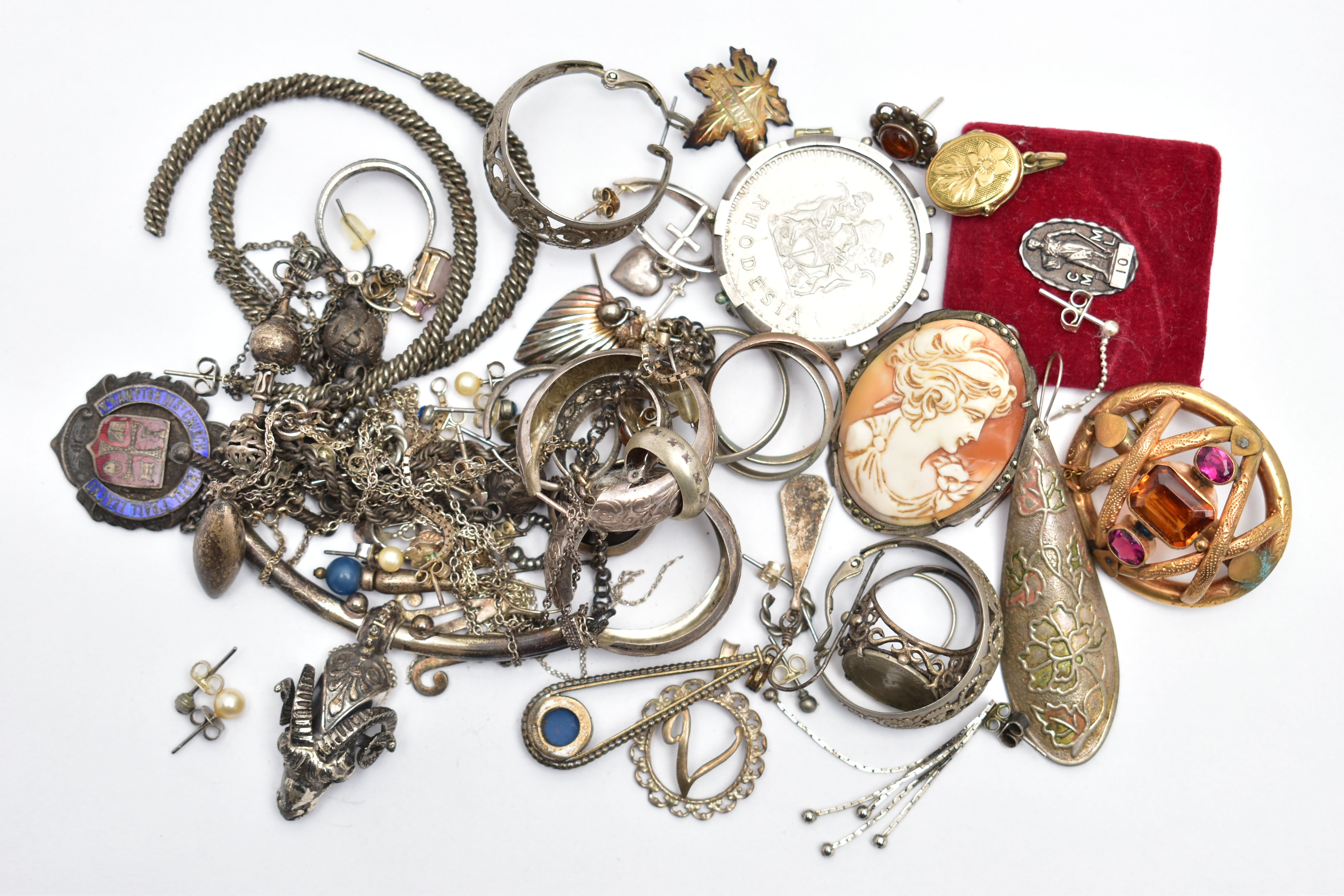 A BAG OF ASSORTED WHITE METAL JEWELLERY, to include a selection of earrings, pendants, medals and