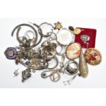 A BAG OF ASSORTED WHITE METAL JEWELLERY, to include a selection of earrings, pendants, medals and