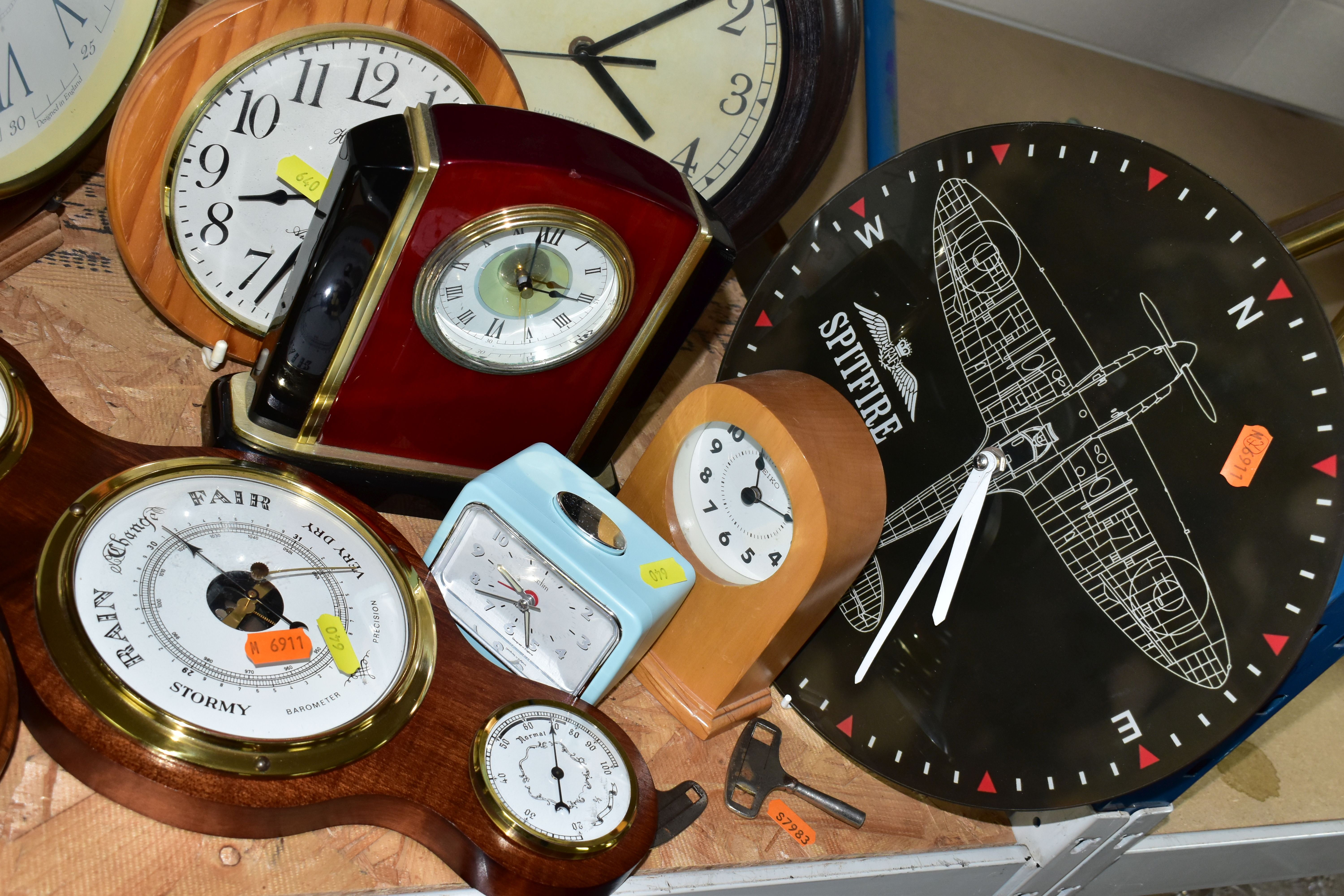 A GROUP OF CLOCKS AND BAROMETERS, to include wall, mantel and alarm clocks, a Royal Air Force - Image 2 of 4