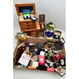 A BOX OF ASSORTED ITEMS, to include two wooden jewellery boxes, a large assortment of costume