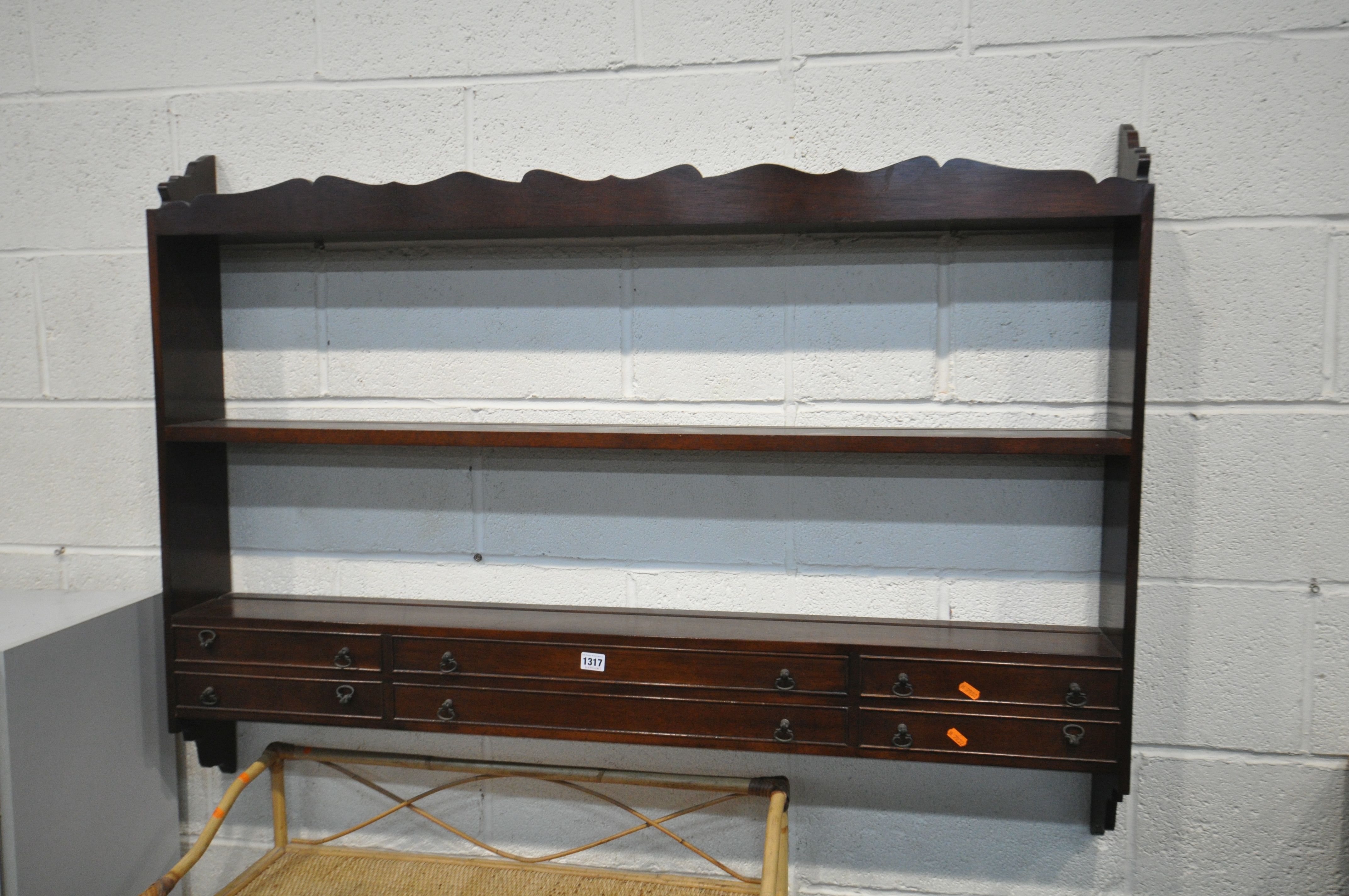 A MAHOGANY WALL SHELF, width 128cm x height 93cm, along with a bamboo bookcase, a pine hanging - Image 2 of 4
