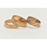 THREE 9CT GOLD BAND RINGS, the first a wide band set with small blue sapphires and spinels, with a