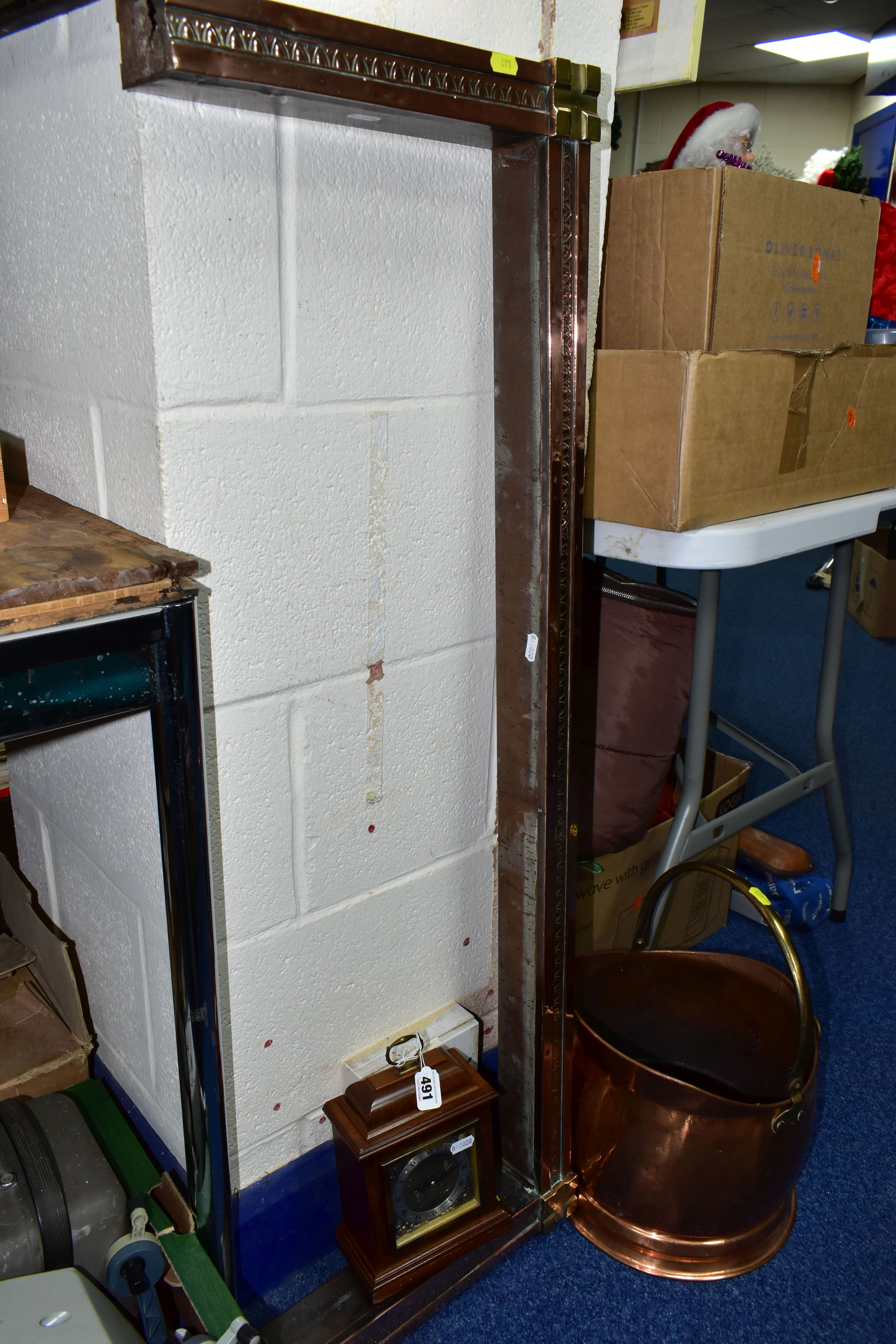 A MAPPIN & WEBB MANTEL CLOCK TOGETHER WITH A 20TH CENTURY COPPER FENDER, and a copper and brass coal - Image 5 of 6