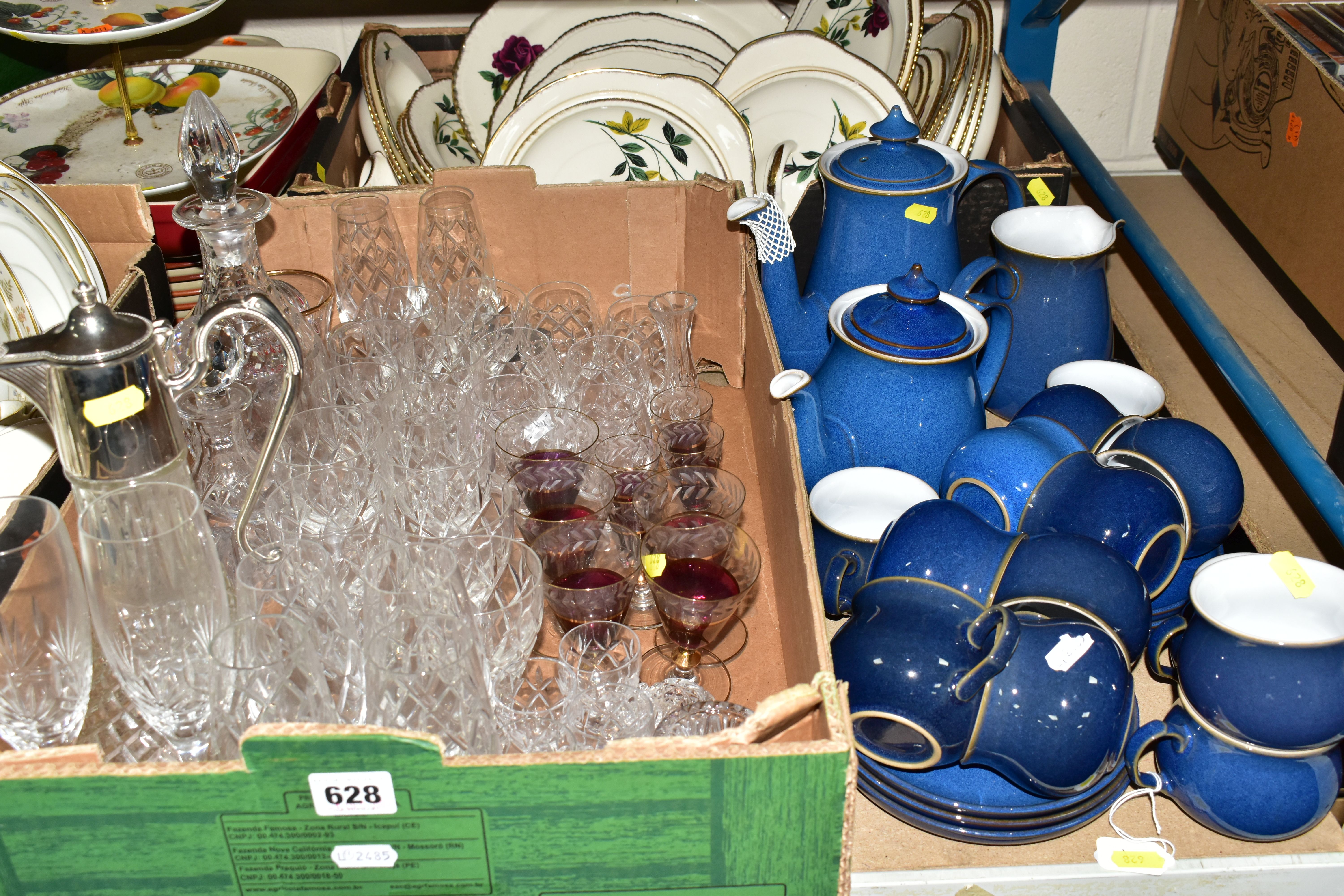 TWO BOXES OF CUT CRYSTAL AND CERAMICS, to include a set of Webb Corbett wine glasses, decanter and