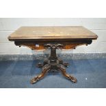 A VICTORIAN BURR WALNUT FOLD OVER CARD TABLE, with a circular green baize playing surface, with