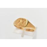 AN 18CT YELLOW GOLD SINGET RING, of a square form with engraved initial monogram to the centre,