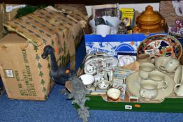 TWO BOXES AND LOOSE CERAMICS, GLASS, METALWARES AND SUNDRY ITEMS, to include a twenty one piece
