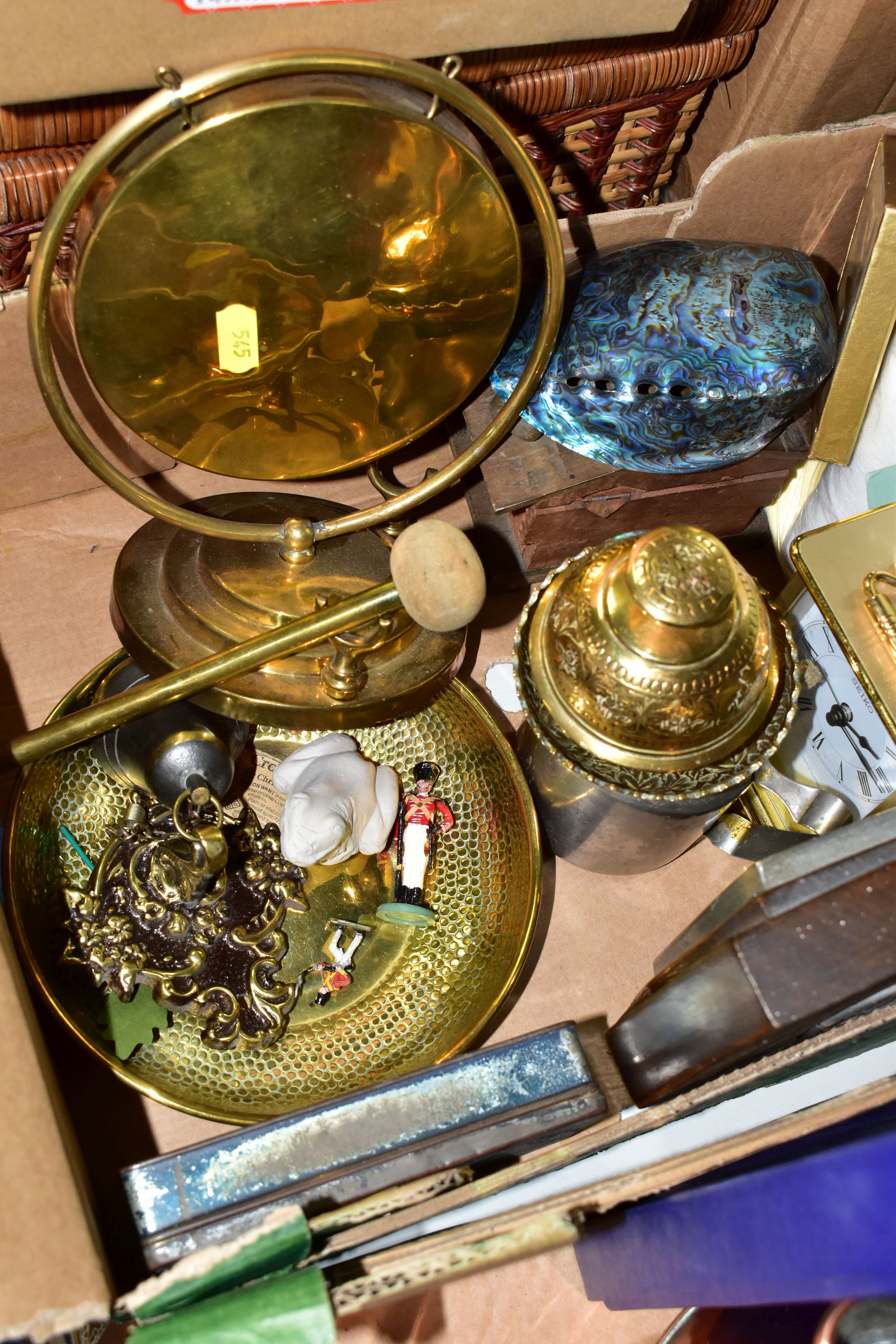 TWO BOXES OF ASSORTED SUNDRIES, to include a ceramic based table lamp, height 43cm to top of brass - Image 8 of 10