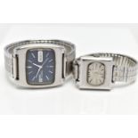 TWO SEIKO WRISTWATCHES, the first an automatic movement, rectangular blue dial, signed 'Seiko DX'