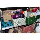 FIVE BOXES OF ASSORTED HATS, SHOES AND HANDBAGS, to include three pairs of long black leather boots,