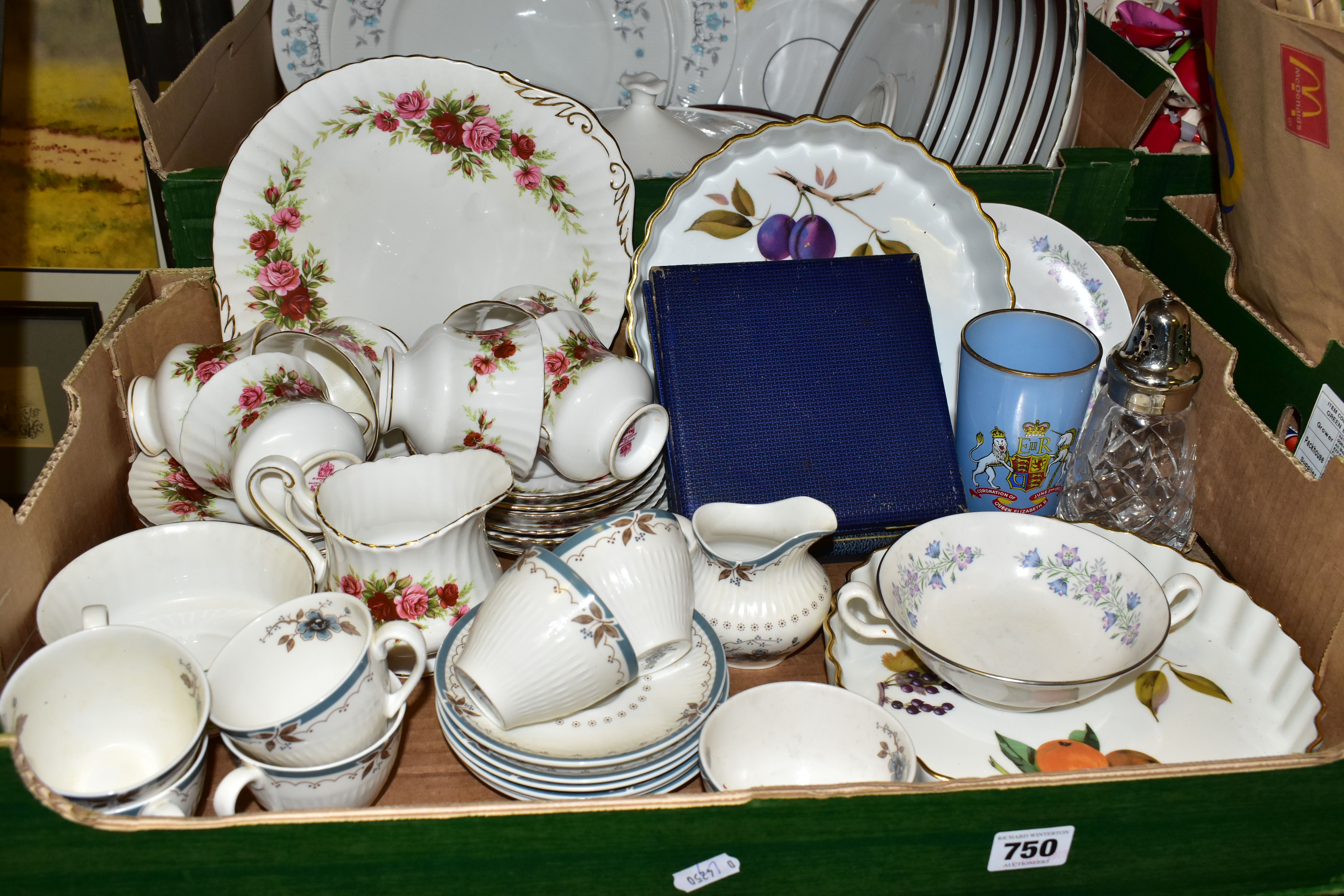 TWO BOXES OF TEA AND DINNER WARES ETC, to include Paragon 'English Rose' six place tea set - lacking