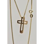 A 9CT GOLD DIAMOND SET CROSS PENDANT AND CHAIN, the openwork cross pendant set with a single round