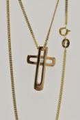 A 9CT GOLD DIAMOND SET CROSS PENDANT AND CHAIN, the openwork cross pendant set with a single round