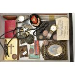 A BOX OF ASSORTED ITEMS, to include a bible affixed with a silver cross to the front hallmarked