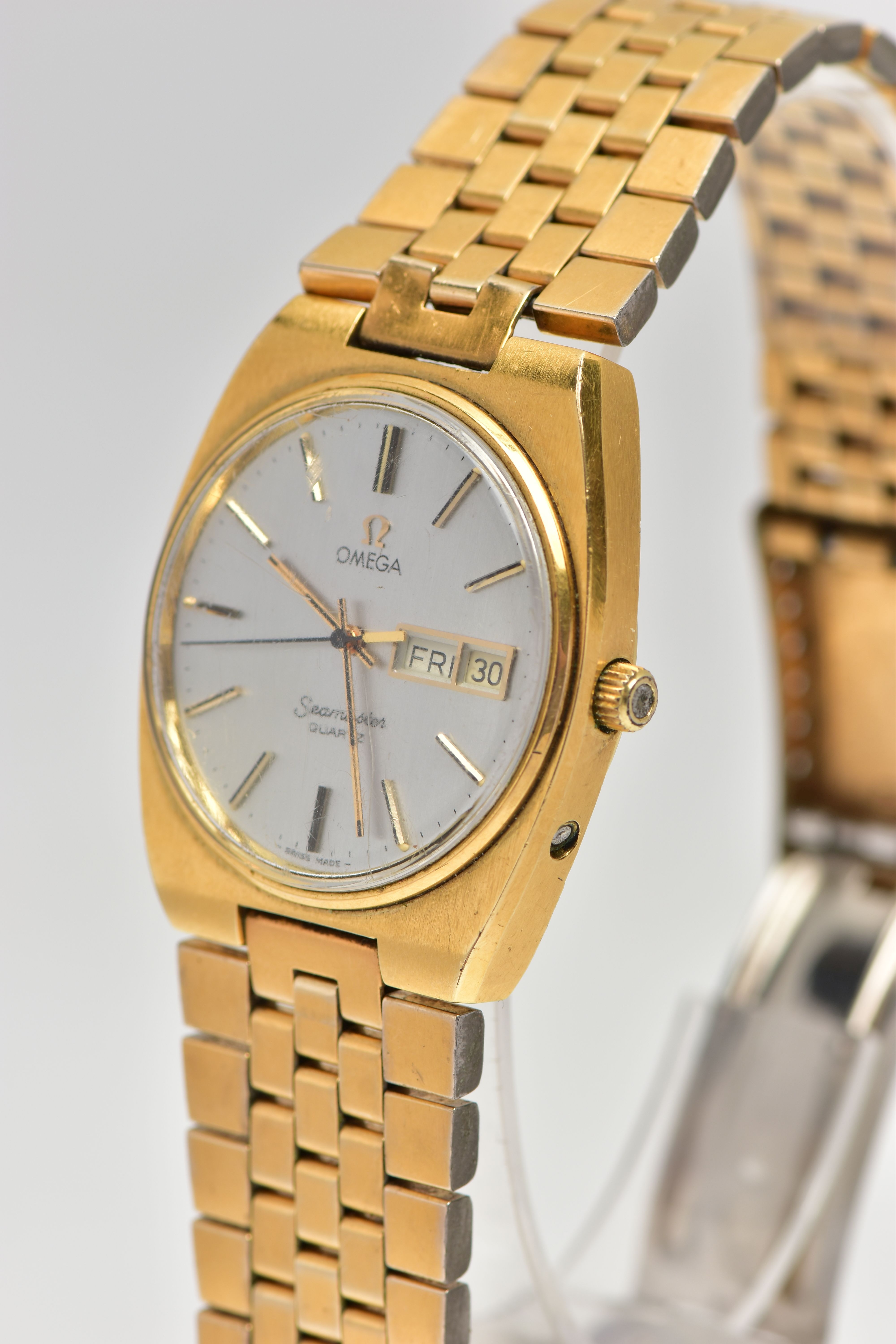 A GOLD PLATED 'OMEGA SEAMASTER QUARTZ' WRISTWATCH, round silver dial signed 'Omega Seamaster - Image 3 of 6